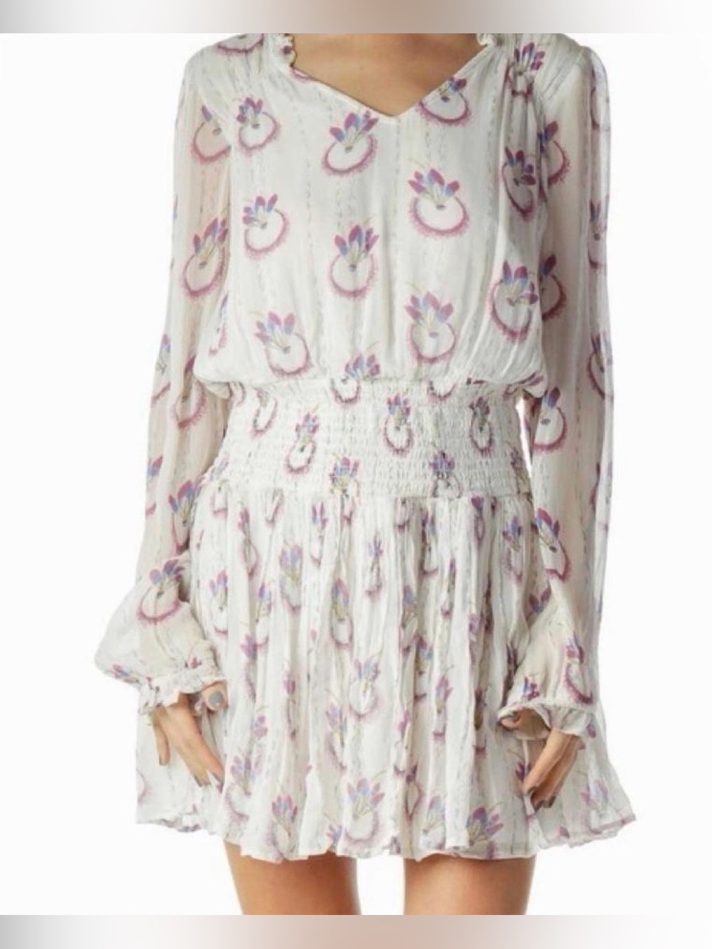 Free People White Floral Trim Smocked Top